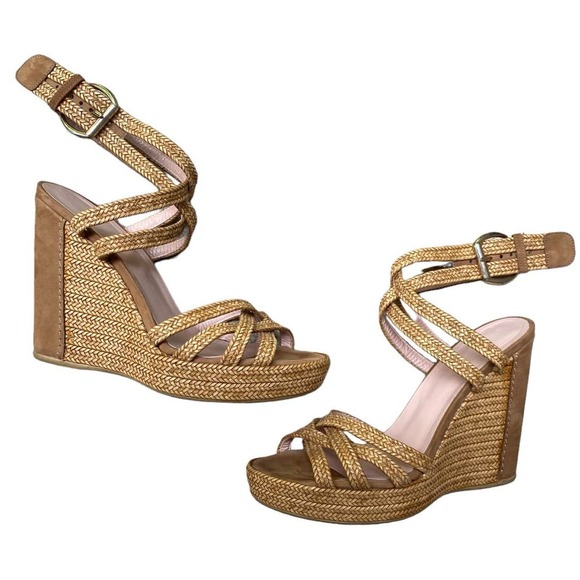 Stuart Weitzman Reins Wedge Sandal Size 9 Tan Camel Strappy Heel Straw Weave - Picture 3 of 16